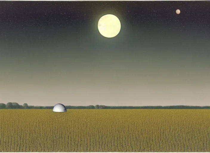 Image similar to Flying saucer landing in corn field with two moons in the sky, albumen silver print by Timothy H. O'Sullivan Ralph Mcquarrie