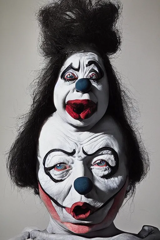 Image similar to picture of an angry clown by Cindy Sherman,