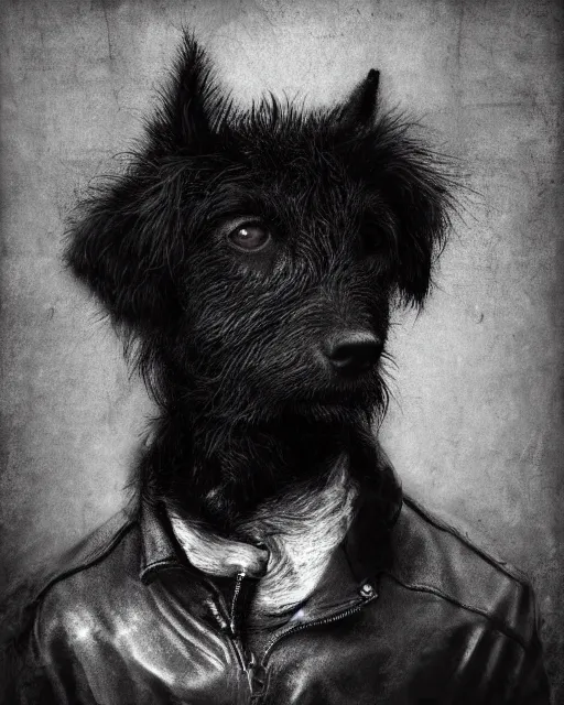 Prompt: a white terrier dog in a black leather biker jacket portrait by lee jeffries, in the style of beksinski, intricate composition, black and white by caravaggio, highly quality, highly detailed, masterpiece, blue light, artstation