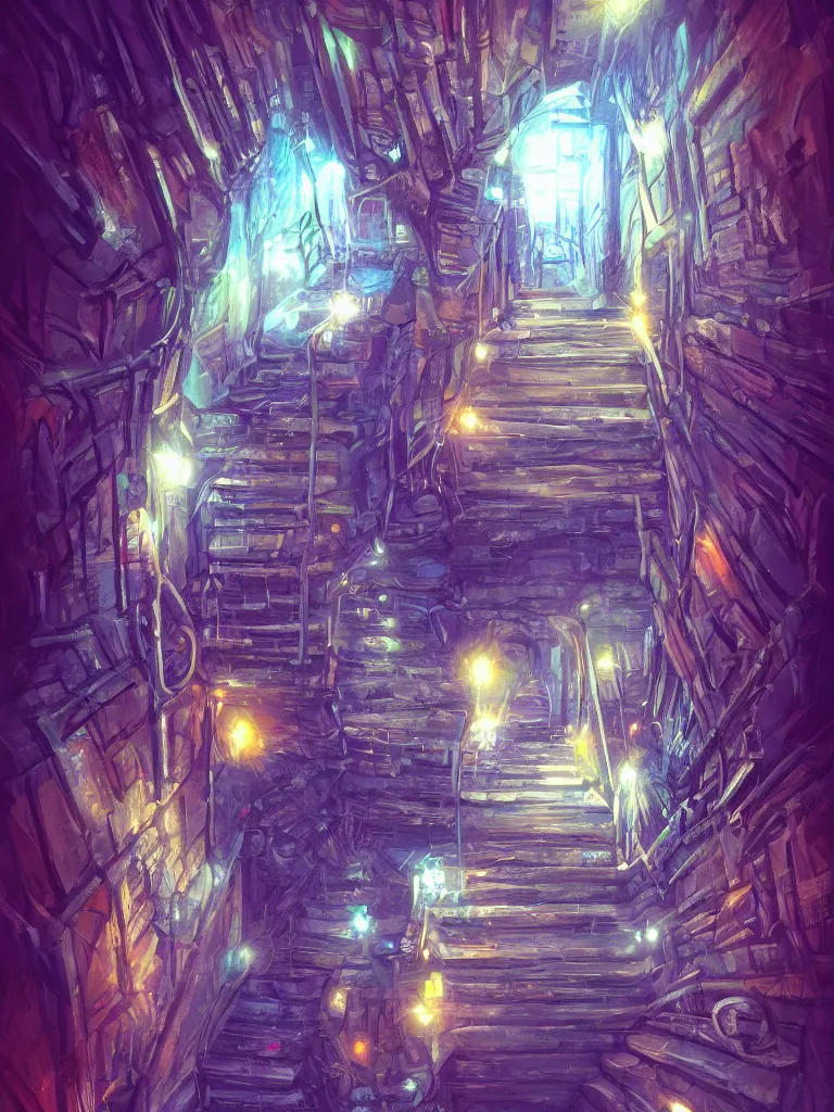 Image similar to look down a cellar staircase, neon lights, bird‘s-eye view, digital painting, concept art, smooth, sharp focus, hyperrealistic, illustration, artstation trending