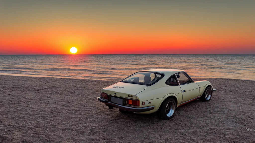 Prompt: synthwave datsun 2 4 0 z at sunset, on the beach, 8 k. filling of the view