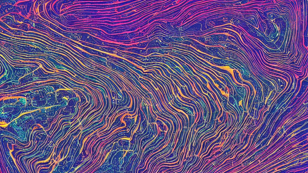 Image similar to geology illustration macro photography of the psychedelic magical machine within the mountain, with marbled machine strata, wind machinery, hadron collider, super conducters, fibre optics, reactor circuits, isometric, cool dark tones in the style of Luis García Mozos