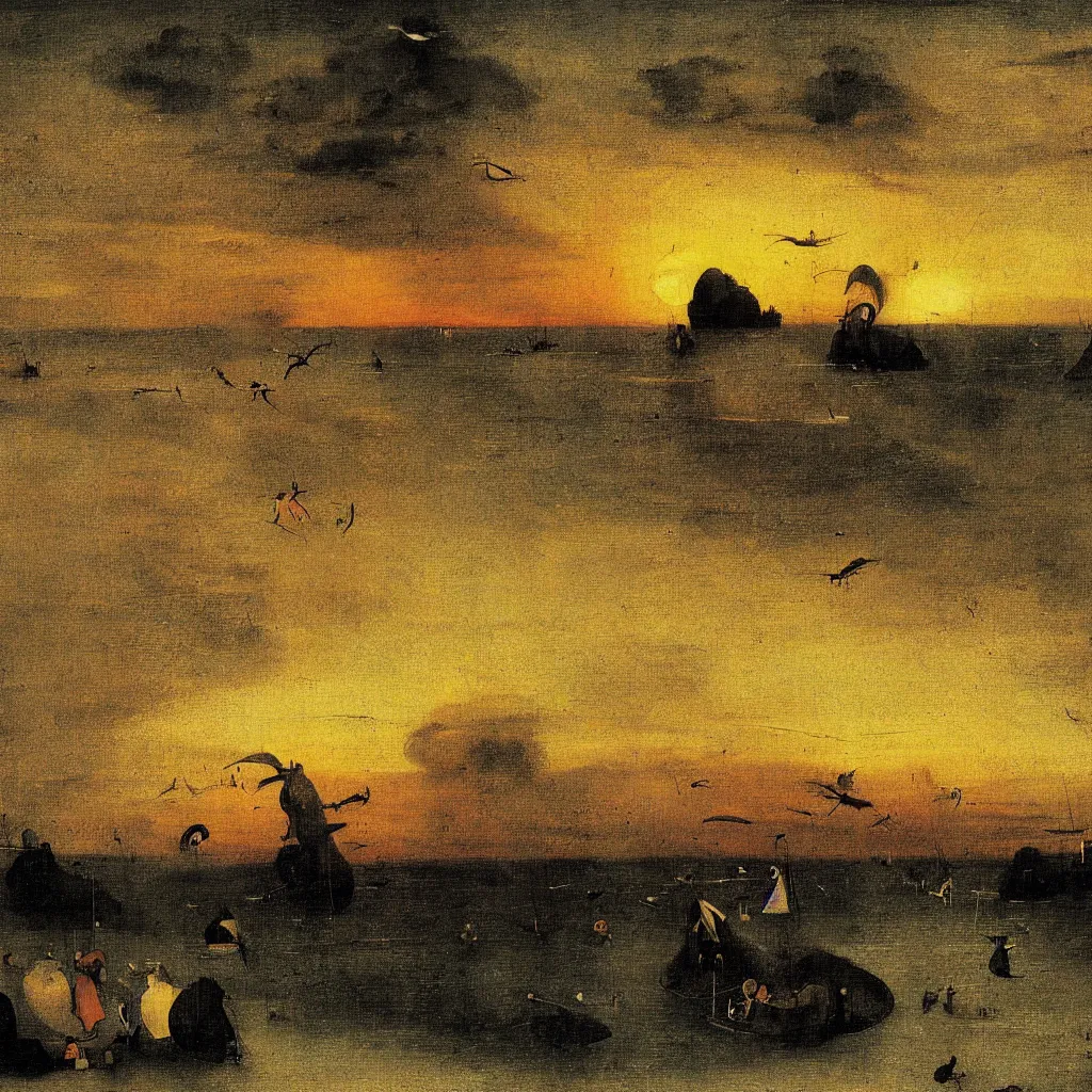 Prompt: Majestic sunset in the horizon at beach, painting by Hieronymus Bosch