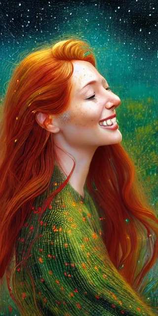 Image similar to infp young woman, smiling amazed, golden fireflies lights, sitting in the midst of nature fully covered, long loose red hair, intricate linework, green eyes, small nose with freckles, oval shape face, realistic, expressive emotions, dramatic lights spiritual scene, hyper realistic ultrafine art by michael cheval, jessica rossier, boris vallejo