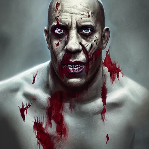 Image similar to a zombie Vin Diesel, by WLOP, horror, wounds, bloody, dark fantasy, trending on artstation