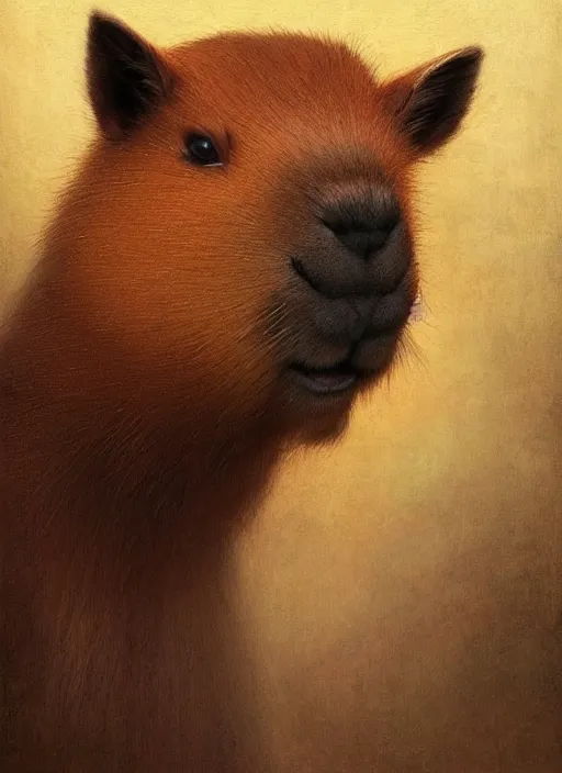 Prompt: a beautiful portrait of puppy capybara looking expecting plush toy, digital art by eugene de blaas and ross tran, vibrant color scheme, highly detailed, in the style of romanticism, cinematic, artstation, greg rutkowski