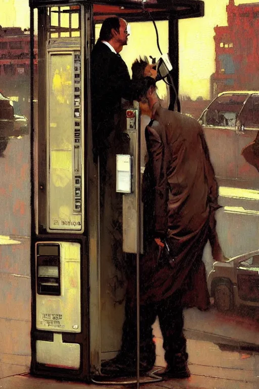 Prompt: saul goodman at a payphone, painting by'phil hale '!!! gaston bussiere, craig mullins, greg rutkowski, alphonse mucha, lady liberty