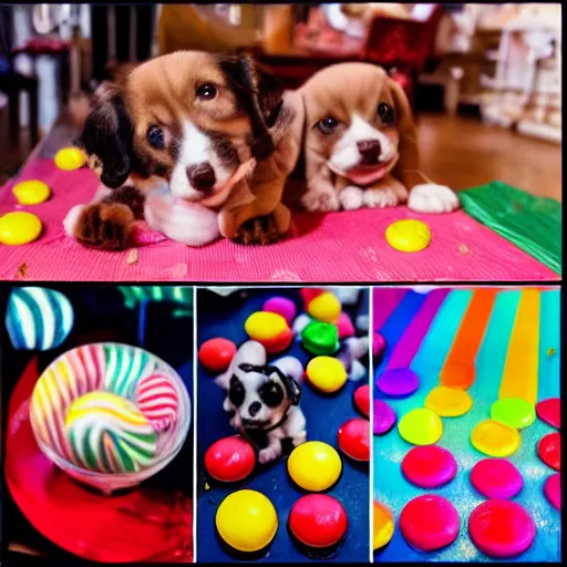 Image similar to candy land with a bunch of small puppies