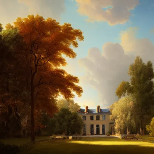 Image similar to a large serene beautiful matte painting of a quaint french country mansion, by asher brown durand and greg rutkowski, featured on artstation, blue and orange color scheme