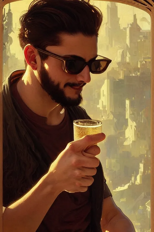 Image similar to a young man wearing raybands holding a beer giving a thumbs up with a long beard, real life skin, intricate, elegant, highly detailed, artstation, concept art, smooth, sharp focus, art by artgerm and greg rutkowski and alphonse mucha