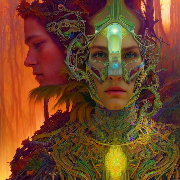 Image similar to bright psychedelic portrait of giant organic cyborg over an ancient forest, diffuse lighting, fantasy, intricate, elegant, highly detailed, lifelike, photorealistic, digital painting, artstation, illustration, concept art, smooth, sharp focus, art by John Collier and Albert Aublet and Krenz Cushart and Artem Demura and Alphonse Mucha