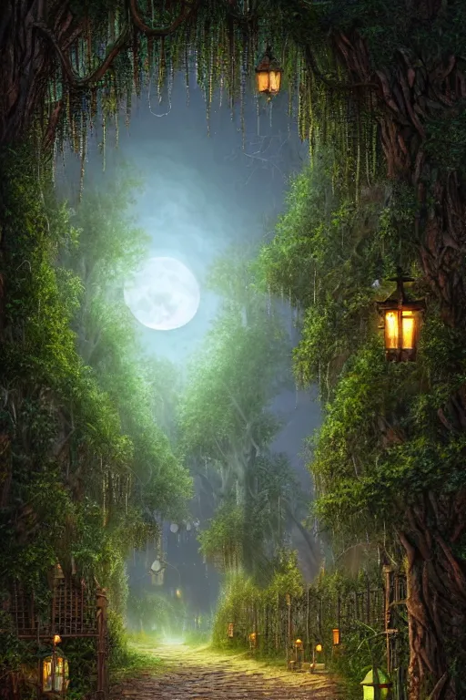 Prompt: a beautiful digital illustration painting of a detailed gothic fantasy fireflies forest trees and iron gate cobblestone pathway vines full moon by james gurney, 8 k resolution trending on artstation concept art digital illustration