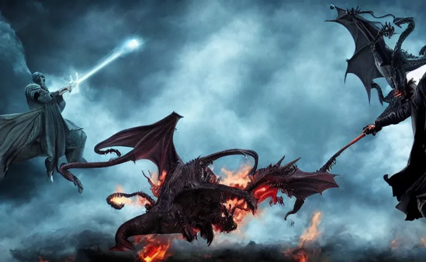 Prompt: wizard keanu reeves fighting a dragon on a fantasy battlefield