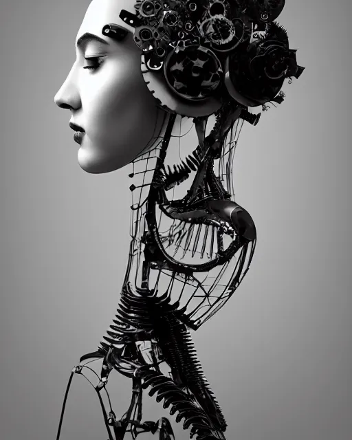 Image similar to black and white dreamy foggy profile face portrait, one steampunk cat eye biomechanical beautiful young female cyclope - cyborg - robot bust, body ribs meshes,, volumetric light, hibiscus flowers, by hg giger, rim light, by dora maar and cecile beaton, big gothic fashion pearl embroidered collar, 8 k