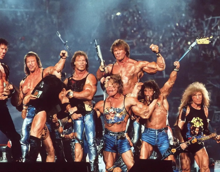 Image similar to colour photo off arnold schwarzenegger, sylvester stallone, dolph lundgren, Chuck Norris and Jean-Claude Van Damme in a heavy metal band, playing guitars, drums, on stage at monsters of rock 1985, pyrotechnics, vivid colors, daylight, photo real, Eastman EXR 50D 5245/7245, close-up action first-person perspective