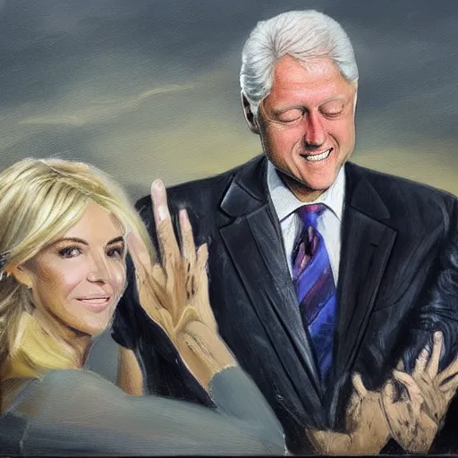 Prompt: highly detailed oil painting, concept art, dr phil and bill clinton, holding hands and dancing on a pile of dead kids, concept art, highly detailed