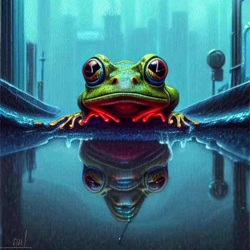 Image similar to low angle shot of a wet cyberpunk frog submerged in water and Casey Weldon and Chie Yoshii, dynamic particulate, rich colors, intricate, elegant, highly detailed, centered, digital painting, artstation, concept art, smooth, sharp focus, illustration, octane render