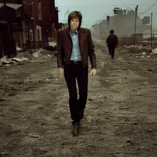 Image similar to paul mccartney walking around in a wasteland