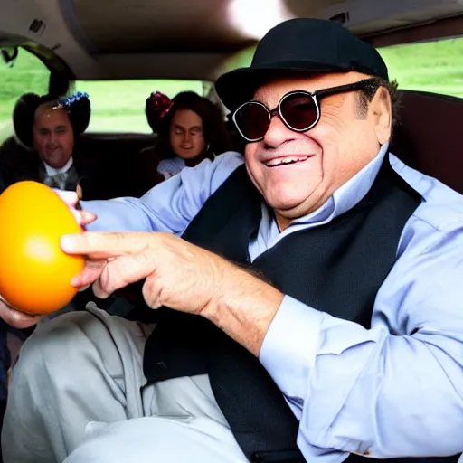 Image similar to danny devito offering you an egg in the backseat of a limo, high quality, high resolution