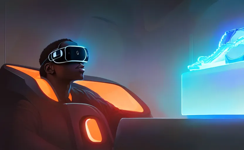 Prompt: handsome black genius hacking the metaverse, vr headset, holographic keyboard and curved digital holographic displays, luxury interior, electric orange glowing lights, highly detailed, digital painting, artstation, concept art, smooth, sharp focus, illustration, art by wlop, mars ravelo and greg rutkowski