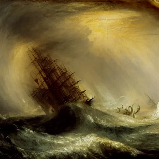 Prompt: giant kraken with huge tentacles attacking frigate in the waves of a stormy ocean, by jmw turner