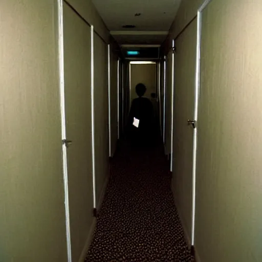 Prompt: a creepy office hallway. a figure at the end of a hallway. craiglist photo. 2 0 0 4