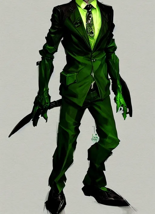 Prompt: full body portrait of a green skin handsome goblin in a tuxedo. in style of yoji shinkawa and hyung - tae kim, trending on artstation, dark fantasy, great composition, concept art, highly detailed, dynamic pose, vibrant colours.