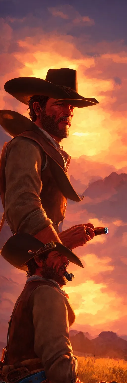 prompthunt: Arthur Morgan smoking a cigar, wild west background, sunset.  digital art. amazing quality. perfect lighting. Professional design. Great  composition. Mind blowing detail. award winning art. impressive colors.  trending on artstation., arthur