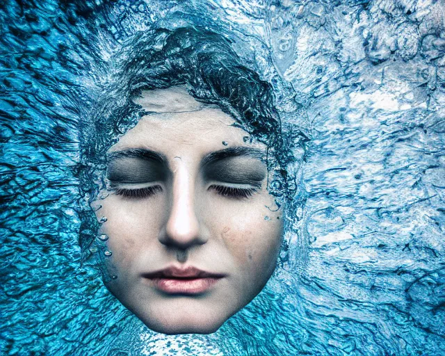 Image similar to water art manipulation of a surreal human head with open eyes burried in the ocean, shot from above, hyper realistic, ray tracing, realistic water, sharp focus, 8 k resolution, cinematic