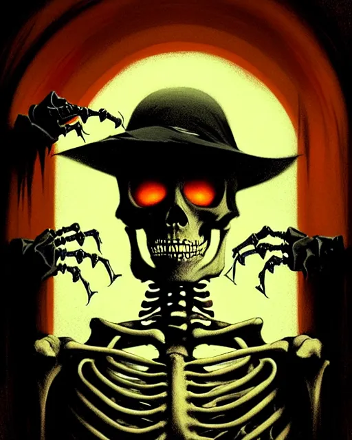 Image similar to creepy skeleton, halloween theme, evil, horror aesthetic, portrait, cinematic, dramatic, super detailed and intricate, by koson ohara, by darwyn cooke, by greg rutkowski, by satoshi kon