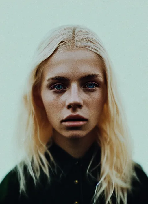 Image similar to Kodak Portra 400, 8K, highly detailed, photographic extreme close-up face of a pretty girl with blond hair , Low key lighting, photographed by Alessio Albi ,dark background, high quality,high contrast ,complementary colors , photo-realistic.