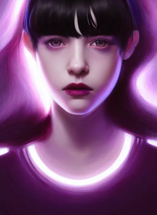 Image similar to portrait of teenage girl with white bangs, red irises, black hair, purple clothes, white bangs, bangs are different color from hair, intricate, front of hair is white rest is black, elegant, glowing lights, highly detailed, digital painting, artstation, concept art, smooth, sharp focus, illustration, art by wlop, mars ravelo and greg rutkowski