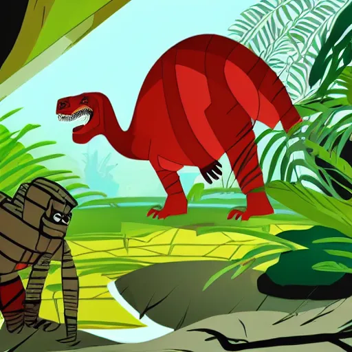 Prompt: tyrannosaurus in the jungle, genndy tartakovsky, samurai jack