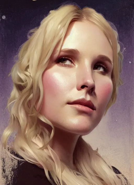 Image similar to beautiful portrait of thick chonky kristen bell, soft features, by magali villeneuve and greg rutkowski and artgerm and alphonse mucha and jeremy lipkin and rob hay, intricate, elegant, highly detailed, photorealistic, trending on artstation, trending on cgsociety, 8 k, sharp focus