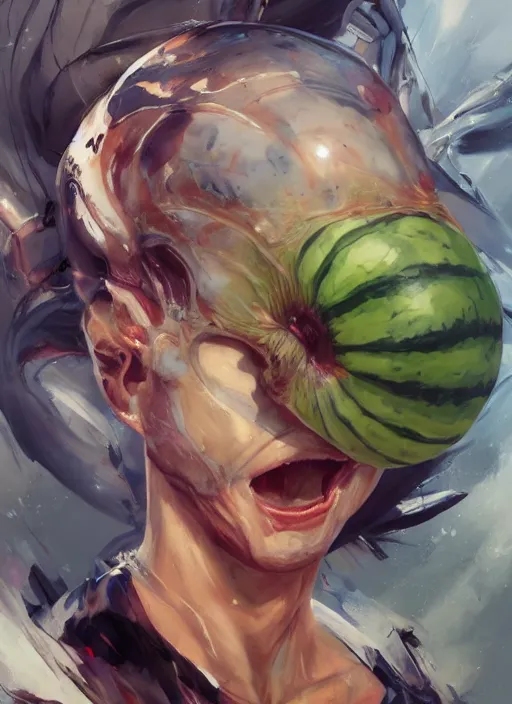 Image similar to semi reallistic gouache gesture painting, by yoshitaka amano, by ruan jia, by conrad roset, by dofus online artists, detailed anime 3 d render of an alien monstrous watermelon, portrait, cgsociety, artstation, rococo mechanical, digital reality, sf 5 ink style, dieselpunk atmosphere, gesture drawn