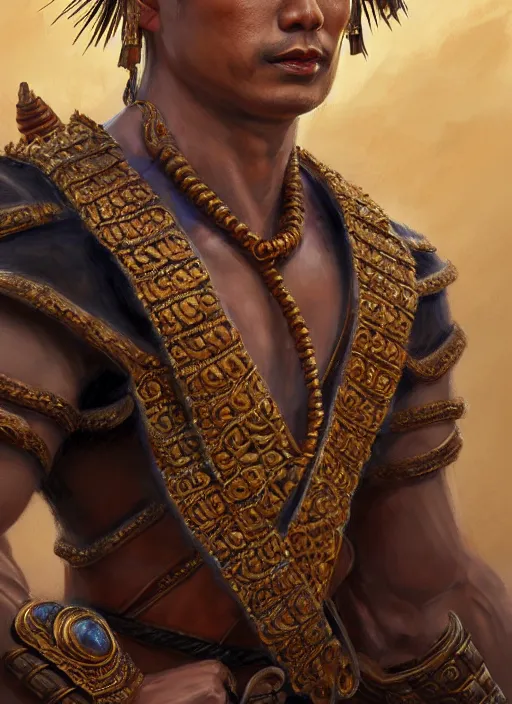 Prompt: smart ramkhamheang, closeup portrait, without beard and mustache, historical hero, ethnic group, tai costume, thai transitional bronze headdress, intricate, with leather armor cross on bare chest, elegant, loin cloth, highly detailed, oil painting, artstation, concept art, matte, sharp focus, illustration, hearthstone, art by earl norem