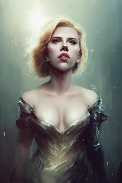 Image similar to a fancy portrait of a Scarlett Johansson with as a Demon by Greg Rutkowski, Sung Choi, Mitchell Mohrhauser, Maciej Kuciara, Johnson Ting, Maxim Verehin, Peter Konig, final fantasy , mythical, 8k photorealistic, cinematic lighting, HD, high details, atmospheric,