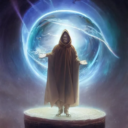 Image similar to the creator of worlds wearing a cloak and holding a holographic planet projection in his hand, detailed, sci - fi, digital painting, artstation, sharp focus, illustration, ominous, artgerm, tomasz alen kopera, peter mohrbacher, donato giancola, joseph christian leyendecker, wlop, frank frazetta