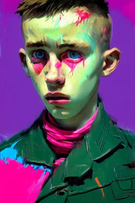 Image similar to portrait of a young soldier boy nor living in a death postapoliptic world, painted in acrylic, in the colors hot pink and cyan, beautiful realistic face, rule of thirds, dutch soldier outfit, spotlight, by greg rutkowski, by jeremy mann, by francoise nielly, by van gogh, digital painting