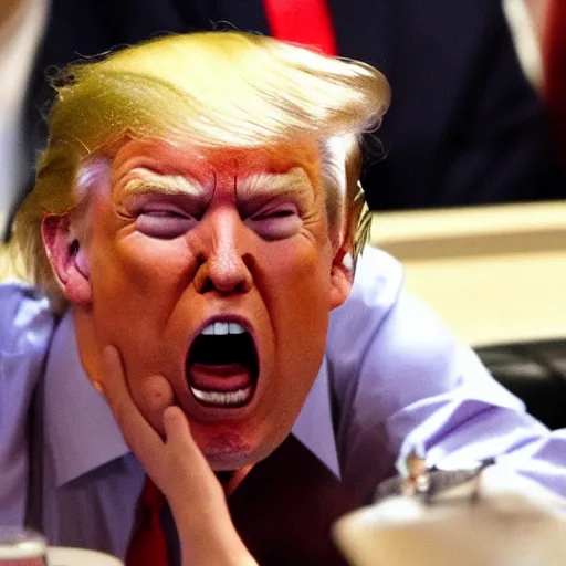 Image similar to Donald Trump screaming, angry, and refusing to eat his dinner, 4k, high quality photograph