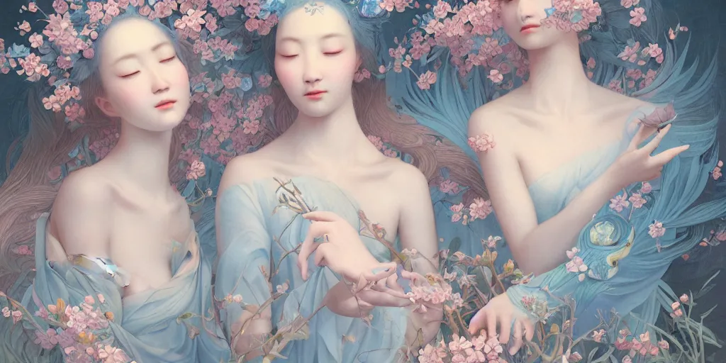 Prompt: breathtaking detailed concept art painting blend of two goddess of light blue flowers by hsiao ron cheng, vintage illustration pattern with bizarre compositions blend of flowers and fruits and birds by beto val and john james audubon, exquisite detail, extremely moody lighting, 8 k