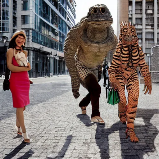Prompt: modern city destroyed by war in ruins with rich famous reptilian couple walking around with shopping bags laughing, color photograph very high detail