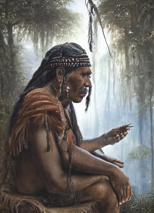 Image similar to a beautiful portrait of an indigenous man sitting in the jungle, taking tobacco snuff, praying with tobacco, mysterious atmosphere, fantasy art, matte painting, highly detailed