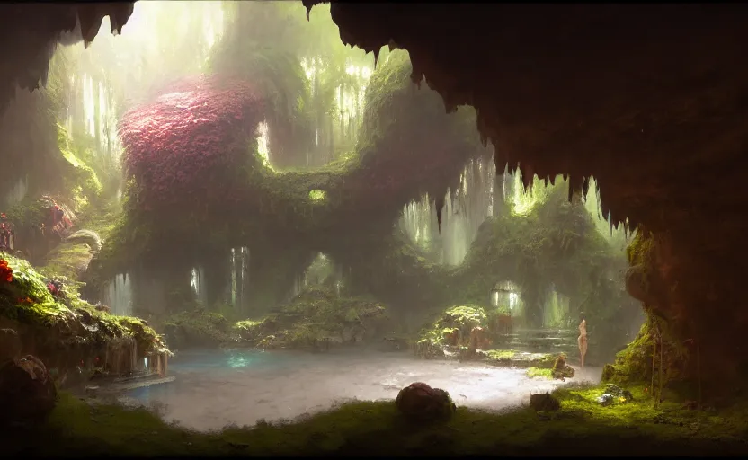 Image similar to painting of an interior of a hidden hotspring in a cave, fantasy, lush plants and flowers, natural light, concept art, by greg rutkowski and craig mullins, cozy atmospheric and cinematic lighting, trending on artstation