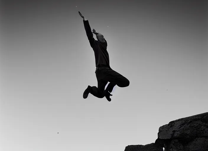 Image similar to Award winning Editorial photo of a man jumping 20 feet into the air during an eclipse Lee Jeffries, 85mm ND 5, perfect lighting, gelatin silver process