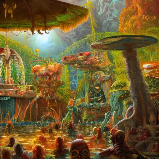 Prompt: the swimming pool of terror, on ancient post - apocalyptic planet, jim henson creature shop, vivid and colorful, thomas kincaid, cinematic, oil painting, highly detailed, illustration