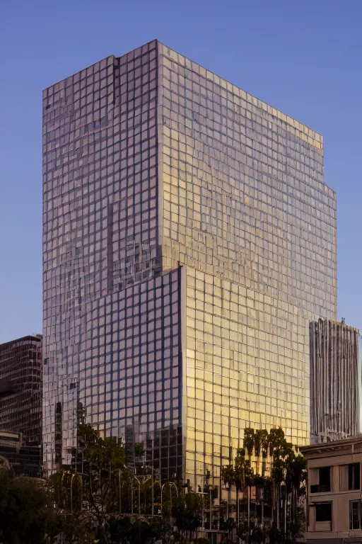 Prompt: a beautiful newly constructed office building in downtown los angeles, golden hour, photo by Annie Leibovitz