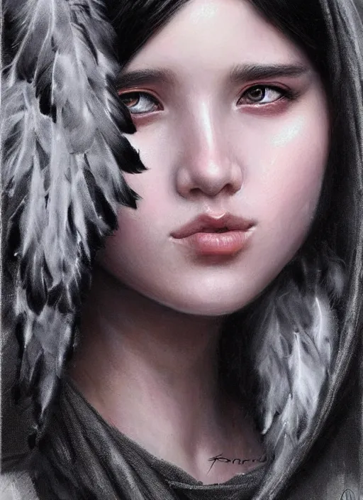 Image similar to a teenage girl with very short black and pink hair and a huge cloak made of grey and black feathers. beautiful highly detailed face. beautiful painting by artgerm and greg rutkowski and raymond swanland, detailed portrait, closeup