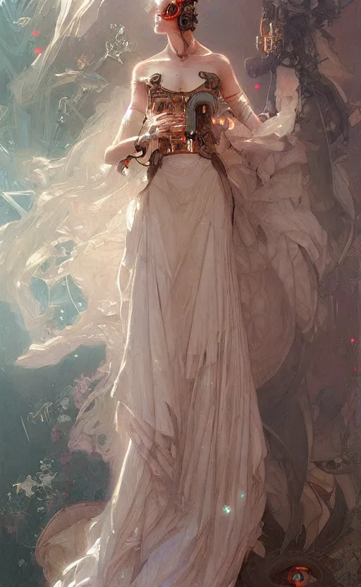 Prompt: a beautiful painting of a crowned robotic cyberpunk princess in a flowing gown, intricate, elegant, highly detailed, digital painting, artstation, concept art, by krenz cushart and artem demura and william adolph bouguereau and alphonse mucha