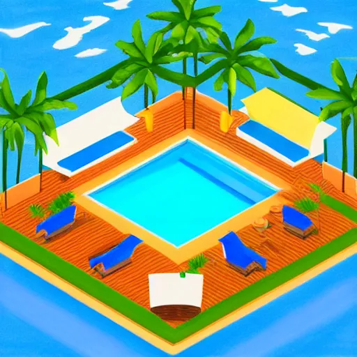 Image similar to an isometric painting of a beautiful interior design, beach, resort,